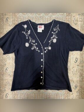 Vintage Y2K R&K Originals Navy Button-Front Top with White Floral Embroidery